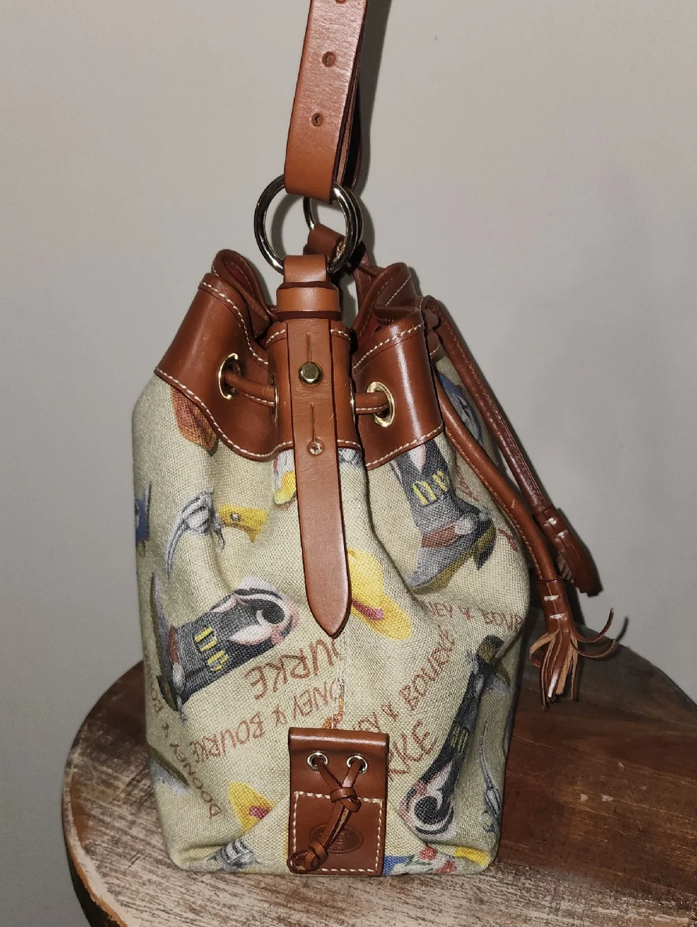 Dooney & Bourke Western Cowboy Boots Vintage Leather Canvas Drawstring Bucket